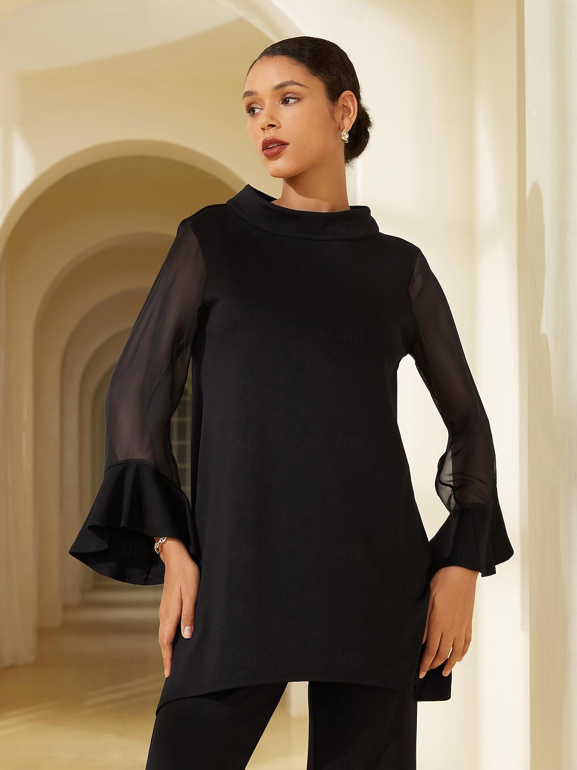 Damenbluse für Hochzeitsgäste, Partys, schwarz, hoher Halsausschnitt, Chiffon, Modal, Patchwork, ausgestellte Manschetten, schmale Passform, elastisch, elegant, lässig, Bürokleidung 2025 - $52.99 –P1