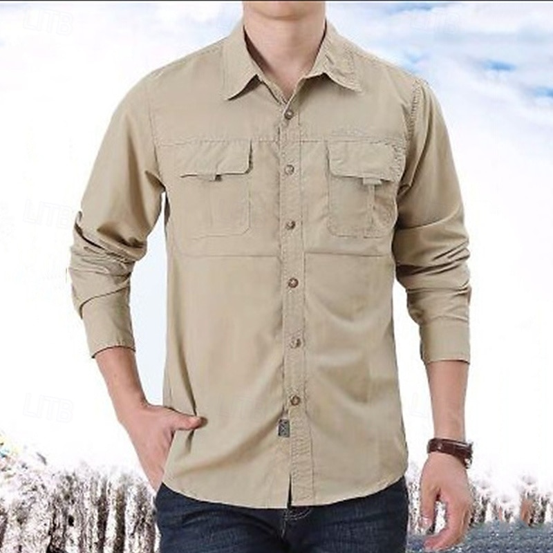 Men's Shirt Workwear Shirts Work Shirt Button Up Shirt Cargo Shirt Black khaki Army Green Gray Long Sleeve Plain Lapel Vacation Holiday Front Pocket Clothing Apparel Polyester Fashion Casual 2025 - $33.99 –P3