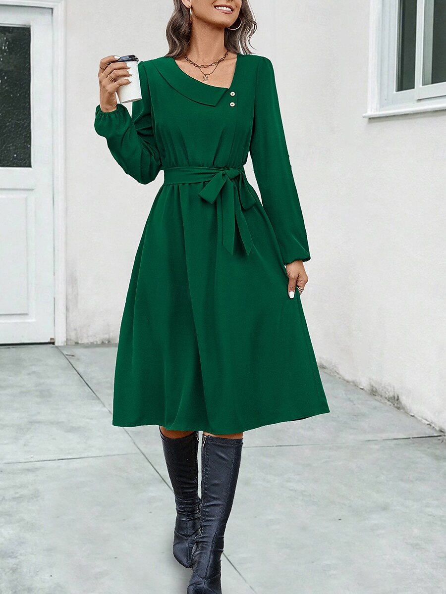 Elegantes Midikleid für Damen in Dunkelgrün, lange Ärmel, mit Gürtel, V-Ausschnitt, Knopfdetail, lässige A-Linie, fließend, vielseitig einsetzbar, Herbst/Frühlings-Kleidung 2025 - $39.99 –P5