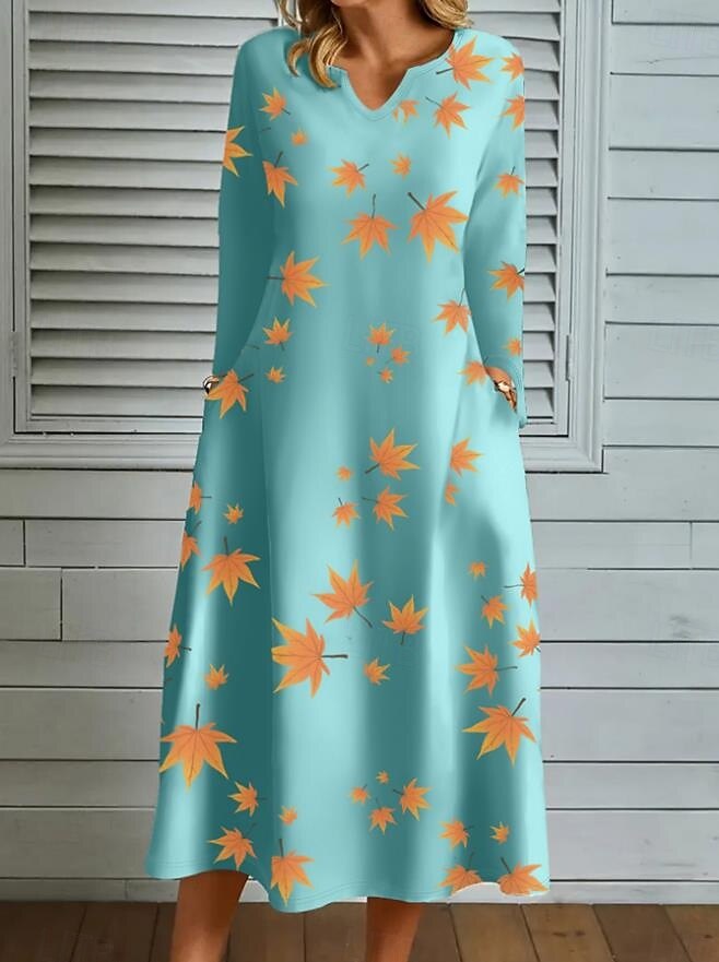 abito lungo da donna con stampa a foglie e scollo a V, manica lunga, primavera autunno del 2025 a $41.99 –P6