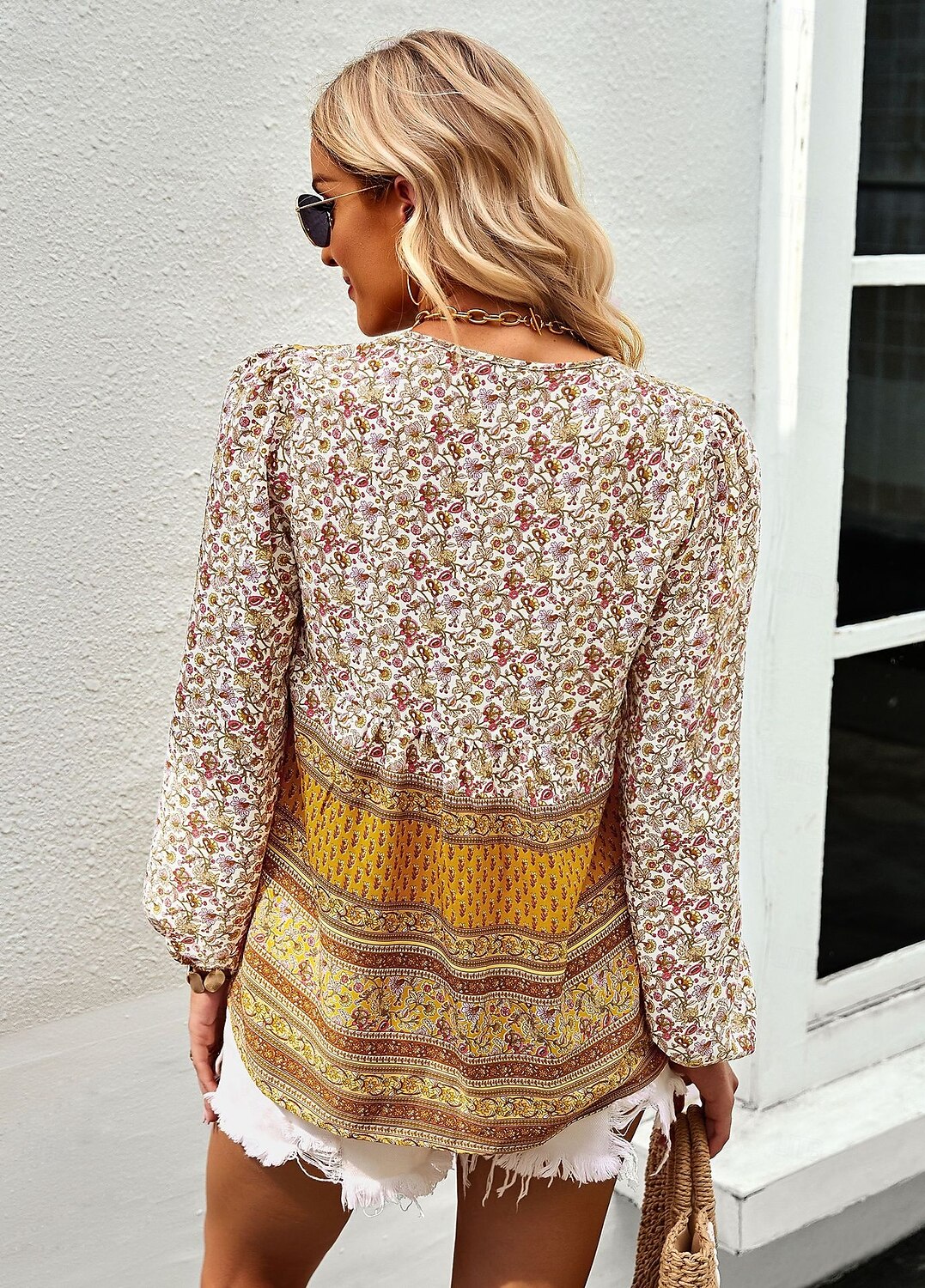 kvinners bluse stilig moderne print lange armer vanlige topper v hals arbeid daglig gul vår høst vinter 2025 - $24.99 –P2