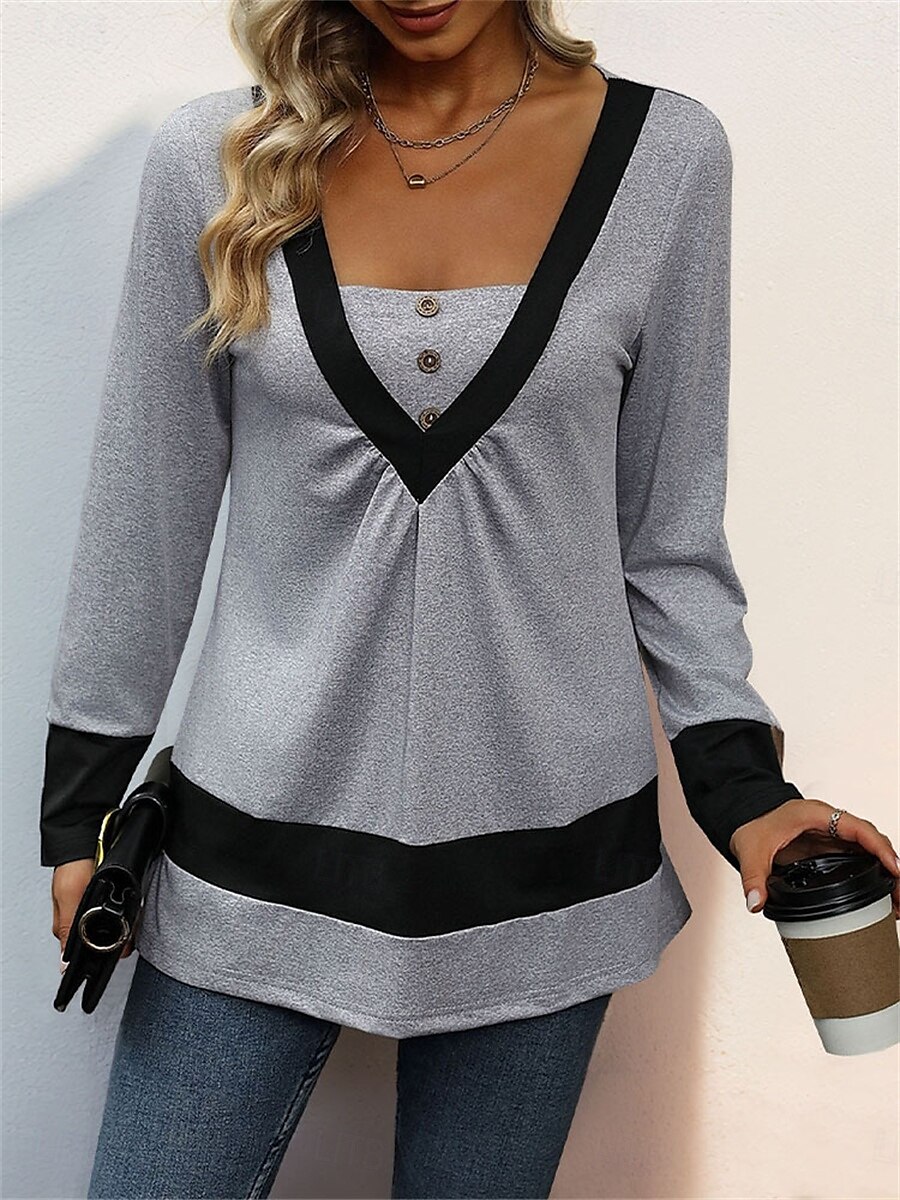 Dames Overhemd Blouse Effen Kleur Basic Casual Lange mouw V-hals Normale tops Dagelijks Lapwerk Knop Grijs Herfst Winter 2025 - $29.99 –P2