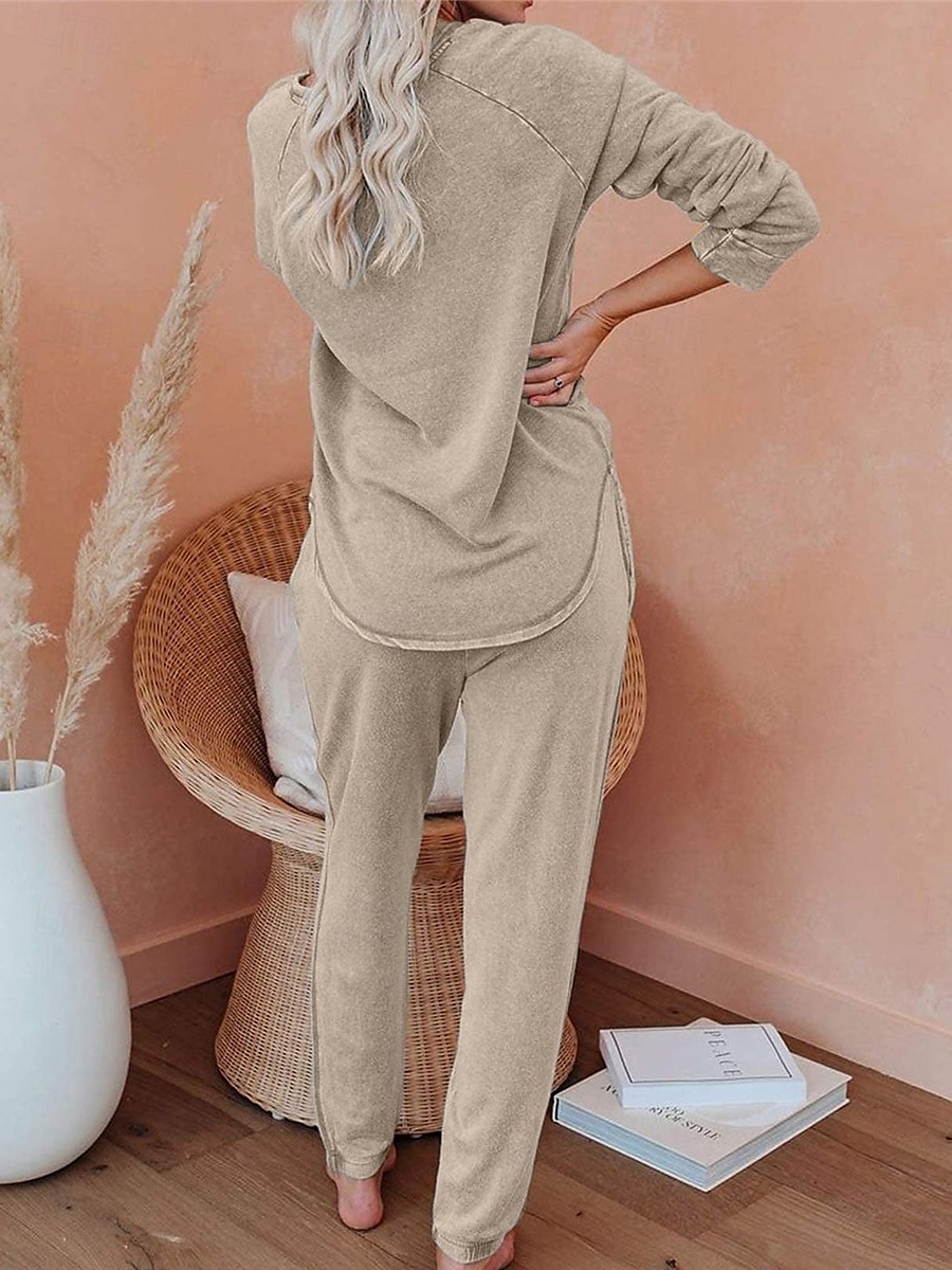 pyjamasset för kvinnor ren färg mode grundläggande komfort hem daglig säng andas rund hals långärmad byxficka resår midja höst vinter hem outfits 2025 - $36.99 –P8