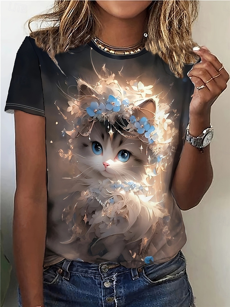 kvinners t-skjorte søt casual print kortermet vanlige topper daglig svart sommer 2025 - $19.99 –P1
