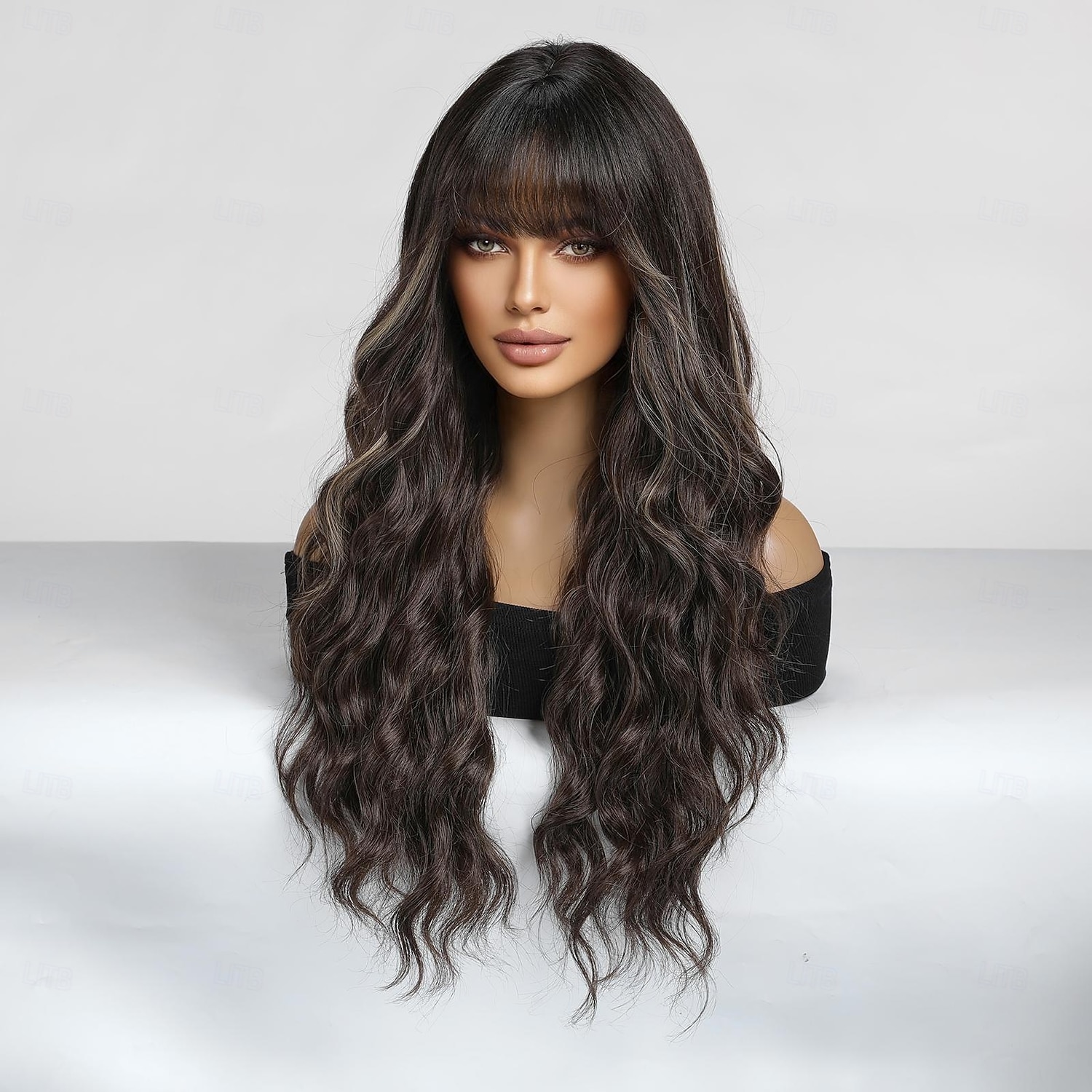 Perruque Synthétique Bouclé Ondulé Coupe Droite Avec Frange Perruque 26 pouces Brun foncé Cheveux Synthétiques Femme Cheveux Colorés Confortable Avec des franges Marron clair de 2025 ? $27.99 –P3