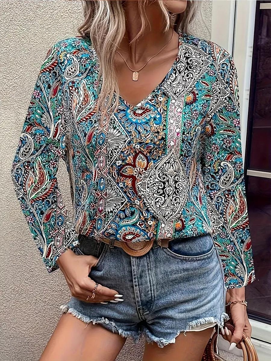 Women's Tunic Fashion Casual Print Long Sleeve Regular Tops V Neck Daily Red Blue Green Spring Fall 2025 - $29.99 –P5