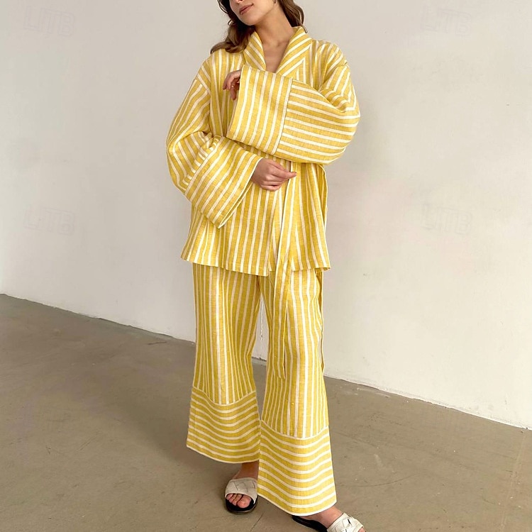 camicie stampate da donna&amp;abiti da notte - abiti da casa a righe in poliestere del 2025 a $43.99 –P7