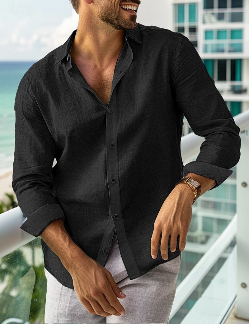 Herren leinenhemd Sommerhemd Strandbekleidung Lässiges Hemd Knopfhemd Glatt Urlaub Curise Schwarz Weiß Rosa Marineblau Langarm Kargen Frühling Sommer Bekleidung 2025 - $23.99 –P9