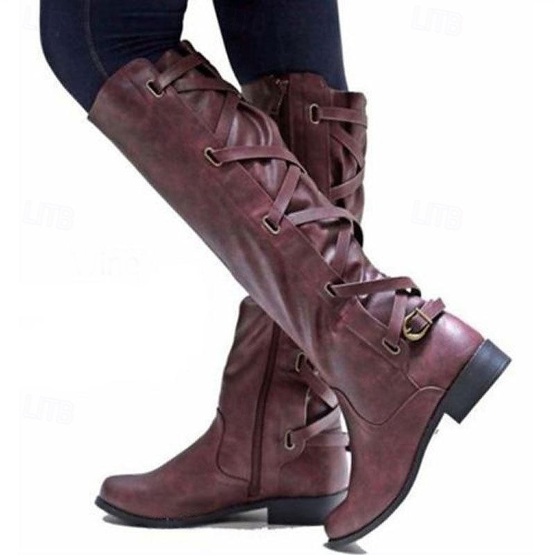 Botas de moto negras para mujer con cordones laterales y detalle de hebilla: elegantes botas de montar hasta la rodilla 2025 - $54.99 –P3