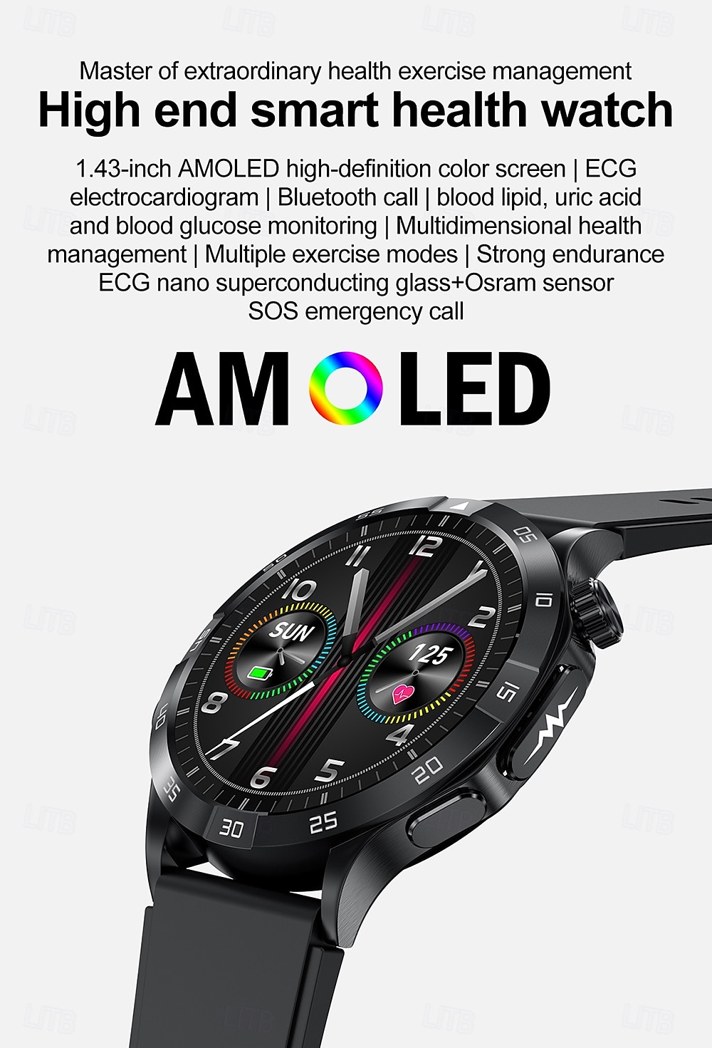 2025年 iMosi ET381 スマートウォッチ 1.43 インチ スマート·ウォッチ ブルートゥース ECG + PPG 温度監視 歩数計 と互換性があります Android iOS 女性 男性 ハンドフリーコール 防水 メディアコントロール IP 67 46mmの時計ケース  コレクション – $79.79 –P1