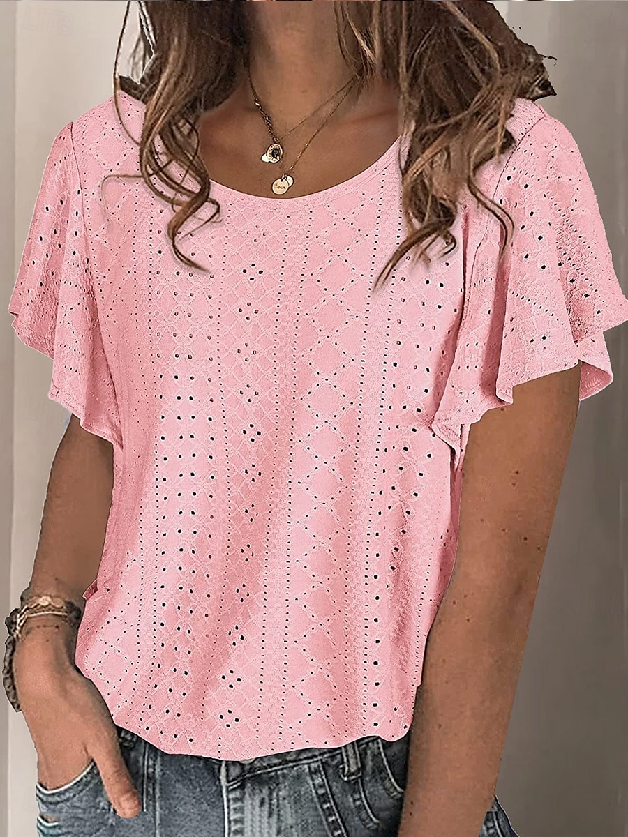Tops en dentelle élégants pour femmes Blouse en œillets blanche stylée décontractée unie à manches courtes à col crew régulières quotidienne romantiques tailles petites à porter pendant les vacances de 2025 ? $25.99 –P1