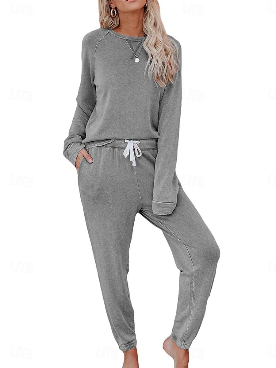 pyjamasset för kvinnor ren färg mode grundläggande komfort hem daglig säng andas rund hals långärmad byxficka resår midja höst vinter hem outfits 2025 - $36.99 –P1