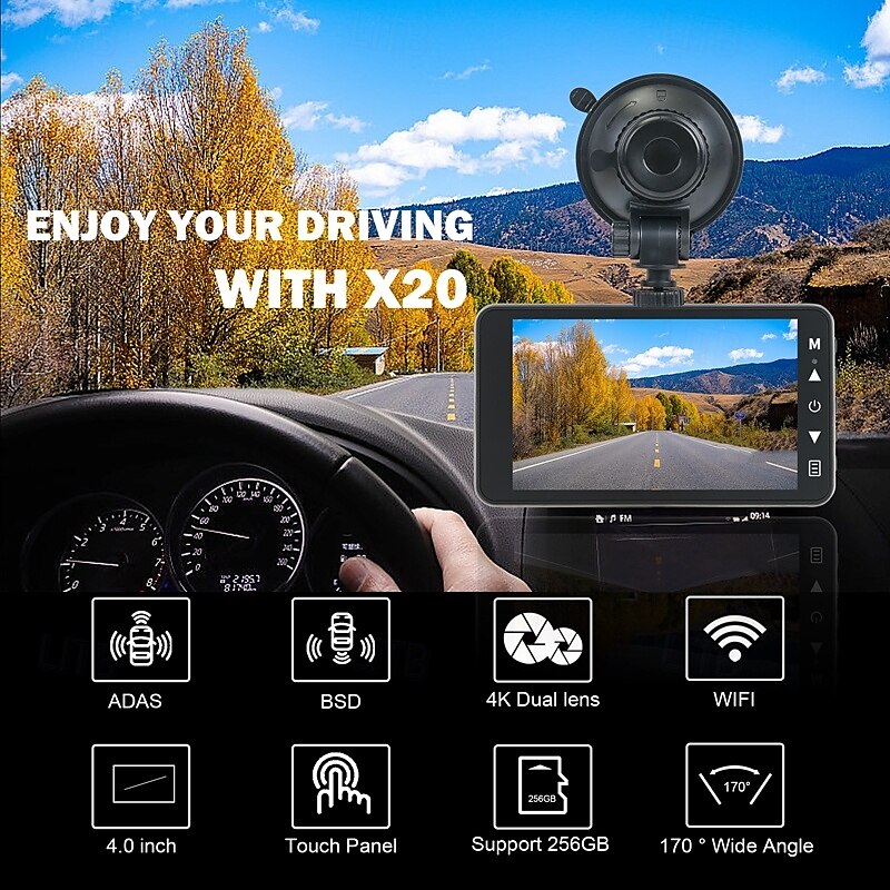 2025年 X20 MAX 2160P 新デザイン / HD / リアカメラ付き 車のDVR 150度 広角の 4 インチ IPS ダッシュカム とともに WIFI / ナイトビジョン / G-Sensor 4 赤外線LED カーレコーダー コレクション – $114.99 –P12