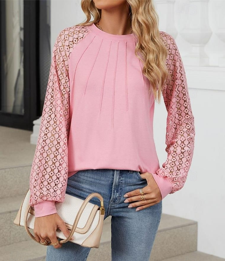 Women's White Elegant Lace Tops Eyelet Blouse Fashion Casual Lace Mesh Long Sleeve Regular Tops Crew Neck Daily Romantic Petite Tops Summer Holiday Wear Black White Pink Blue Summer Spring Fall 2025 - $32.99 –P1