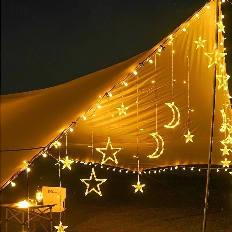 Rideau lumineux en forme d'étoile et de lune avec télécommande, 3,5 m, 138 LED, 8 modes, pour mariage, fête de Noël, extérieur, étanche, pour tente, chambre à coucher, salon, balcon, fenêtre, de 2025 ? $55.99 –P7
