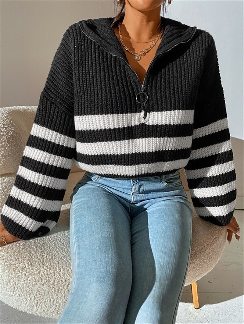 Pentru femei Pulover pulover Birou Casual Dungi Guler Pe Gât Fermoar Manșon Lung Topuri obișnuite Tricotat Zilnic Negru Alb Toamnă Iarnă 2025 - $44.99 –P6