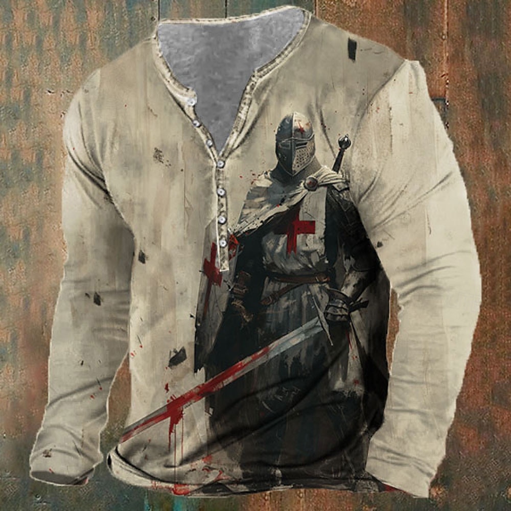 Men's Knights Templar Christian T shirt Henley Shirt Long Sleeve 3D Print Designer Retro Vintage Street Casual Daily Summer Spring Fall Khaki Henley Henley T-Shirt 2025 - $23.99 –P1