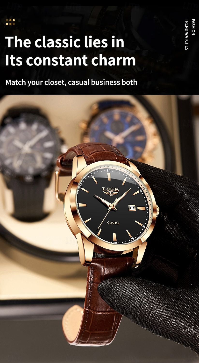 LIGE Heren Quartz Horloge Zakelijke Datum Waterdichte Leren Strap Horloge 2025 - $20.99 –P6