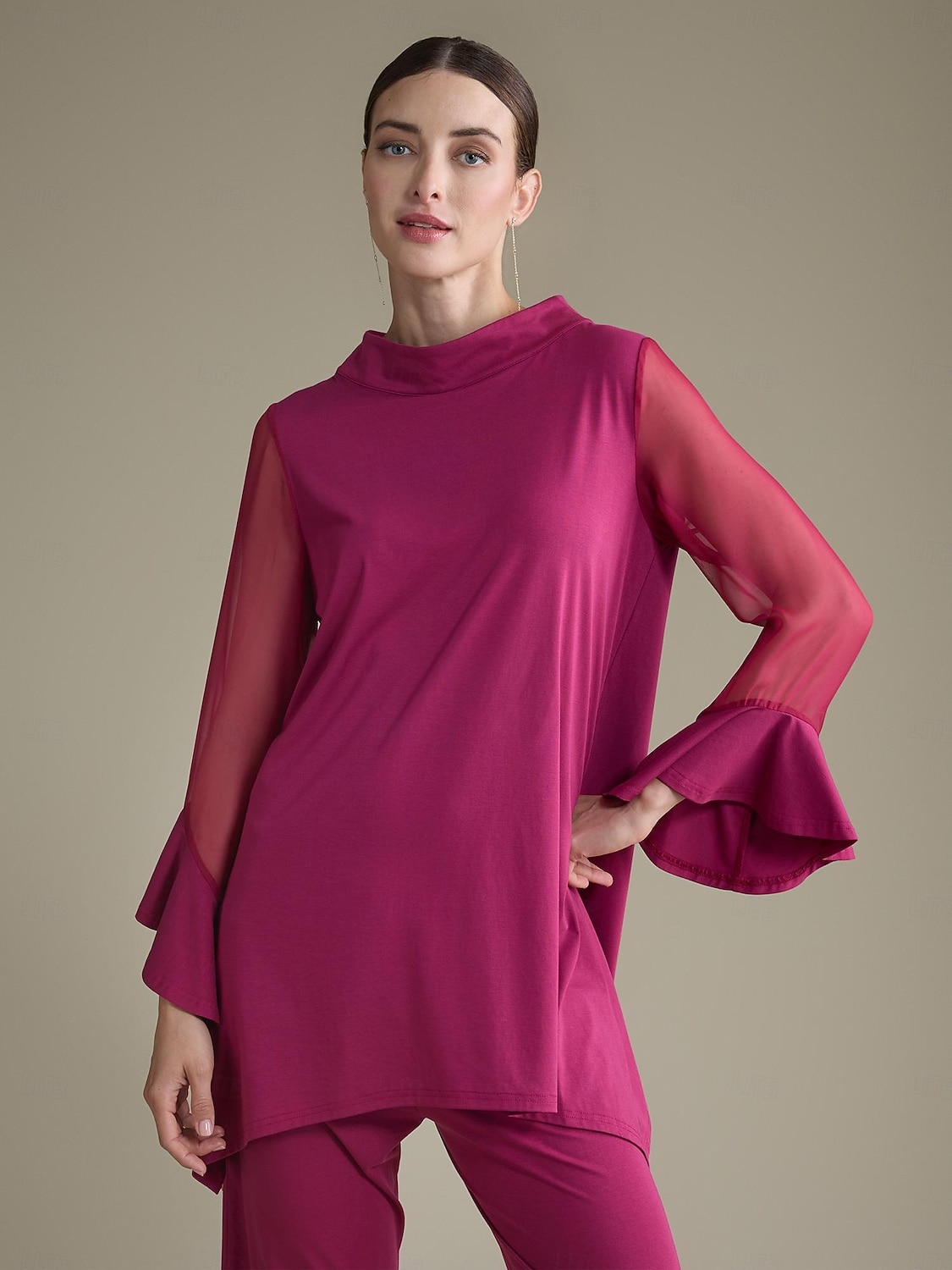 luxuriöse Bluse mit hohem Kragen und langen Ärmeln und Rüschen 2025 - $61.99 –P1