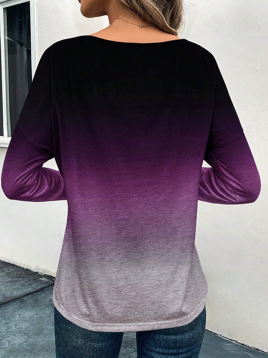 Dames T-shirt Kleurgradatie Modieus Casual Lange mouw Ronde hals Normale tops Dagelijks Weekend Afdrukken Rood blauw Paars Grijs Lente & Herfst 2025 - $23.99 -P2