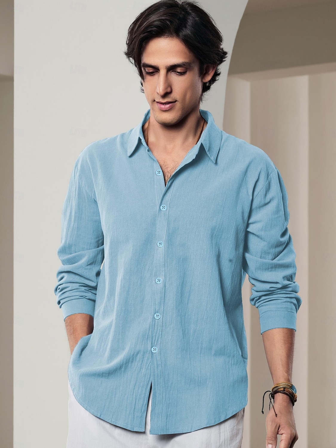 10% linne Button-Down Herr Skjorta linneskjorta Vit Rodnande Rosa Marinblå Långärmad Ensfärgat Krage Vår & sommar Ledigt Dagligen Kläder 2025 - $20.99 –P14
