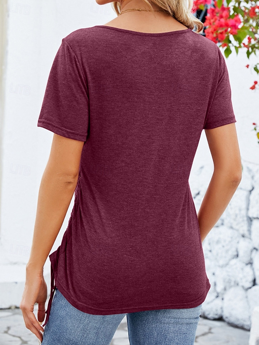 Dame T skjorte عادي Mote Moderne Fritid Kortermet Firkantet hals Vanlige topper Daglig Helg Knapper Svart Rosa Vin Sommer 2025 - $25.99 –P8