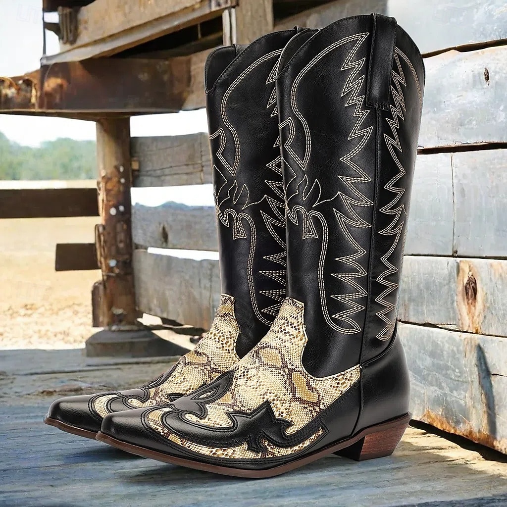Men's Black and Snake Print Western Cowboy Boots - Exotic Leather with Intricate Embroidery for Rodeo and Casual Wear 2025 - $64.99 –P7