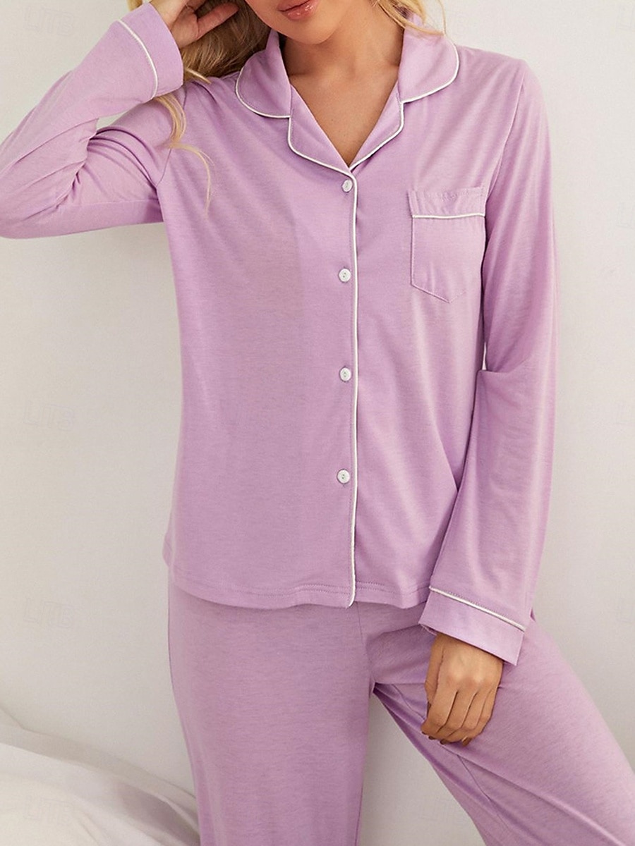 Damen-Pyjama-Sets in reiner Farbe, modisch, Basic-Komfort für zu Hause, tägliches Bett, atmungsaktives Revers, langärmeliges Hemd, Hose, Knopftasche, Herbst-Winter-Home-Outfits 2025 - $35.99 –P1