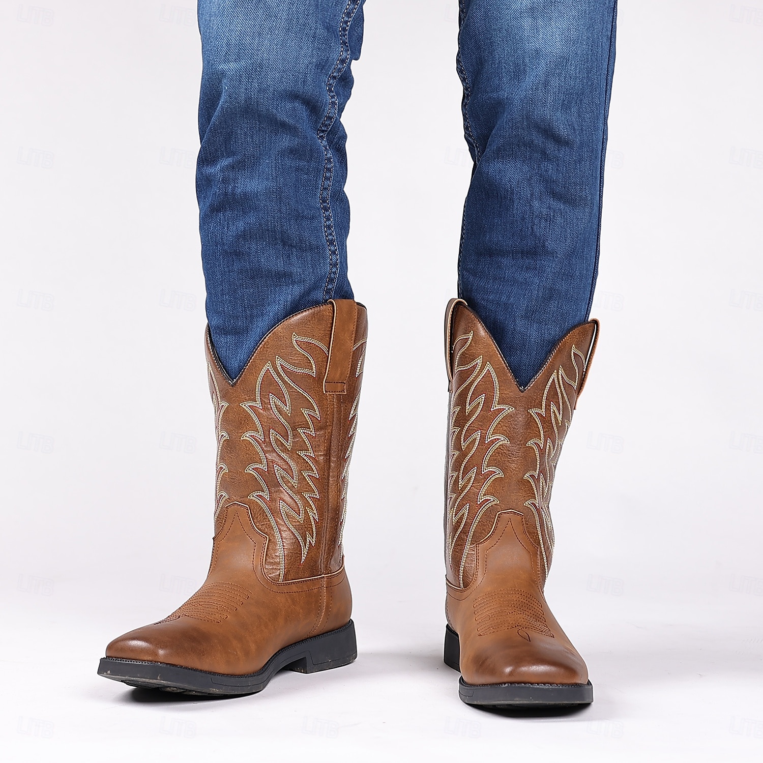 bottes de cowboy western marron pour hommes - similicuir avec détails brodés pour un style extérieur classique de 2025 ? $64.99 –P2