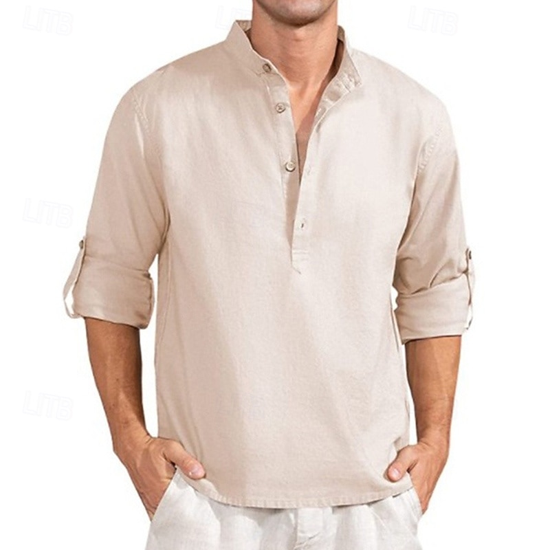 Men's Shirt Chinese Collar Shirt Mandarin Collar Shirt Popover Shirt Summer Shirt Casual Shirt White Pink Green khaki Light Blue Long Sleeve Plain Collar Vacation Hawaiian Clothing Apparel Fashion 2026 - $19.99 –P5
