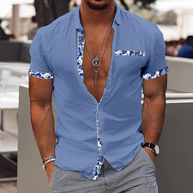Herren Hemd leinenhemd Sommerhemd Strandbekleidung Lässiges Hemd Knopfhemd Farbblock Urlaub Curise Schwarz Weiß Rosa Marineblau Kurzarm Kargen Sommer Bekleidung Patchwork 2025 - $21.99 –P6
