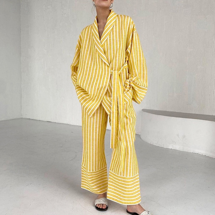 camicie stampate da donna&amp;abiti da notte - abiti da casa a righe in poliestere del 2025 a $43.99 –P4
