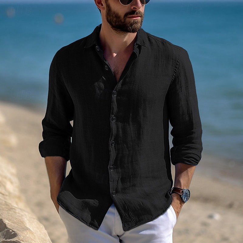 Men's Shirt Linen Shirt Summer Shirt Beach Wear Casual Shirt Button Up Shirt Plain Vacation Casual Black White Pink Blue Long Sleeve Lapel Spring & Summer Clothing Apparel 2025 - $23.99 –P5