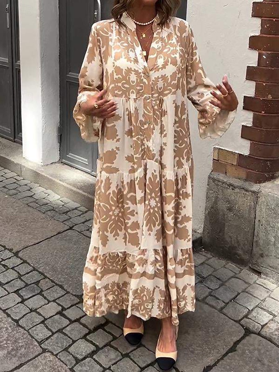 dámské šaty na směnu grafický potisk košile límeček maxi šaty elegantní stylové denní dovolená dlouhý rukáv léto jaro 2025 - $39.99 –P4