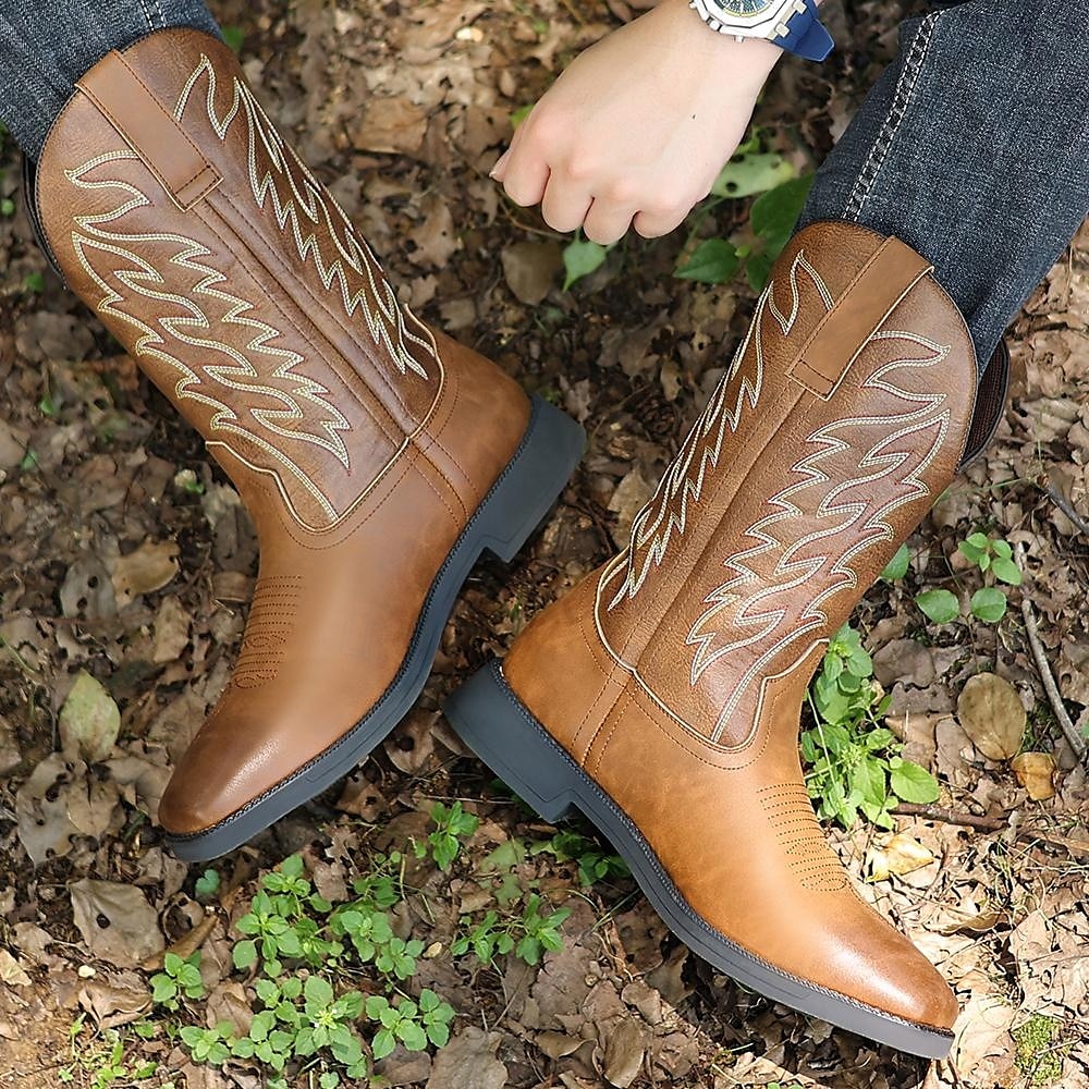bottes de cowboy western marron pour hommes - similicuir avec détails brodés pour un style extérieur classique de 2025 ? $64.99 –P1
