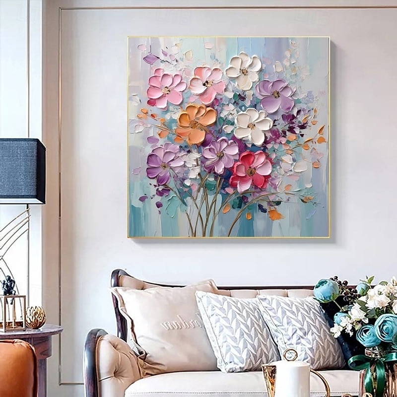 2025年 手描きの抽象的な花の油絵、手作りの抽象的な花の木の