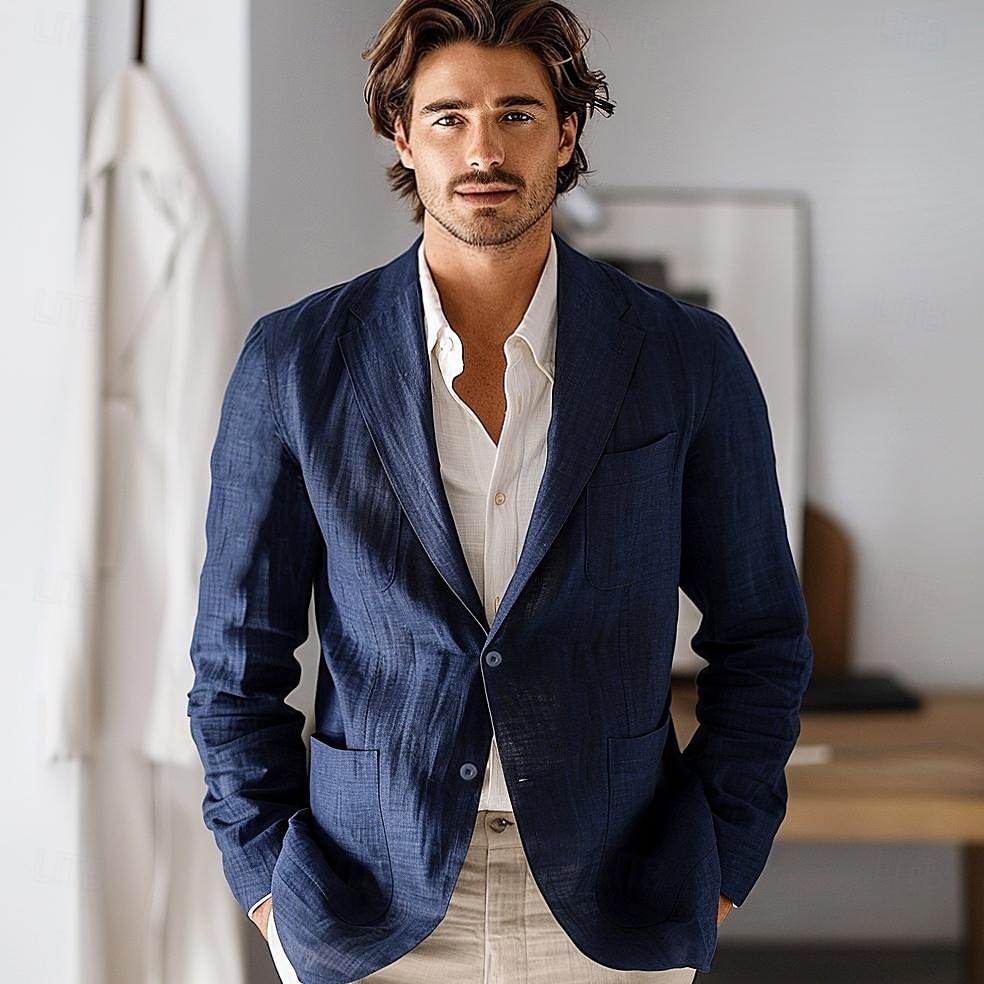 Herre Blazer jakke Bryllup jubileum Fest Sommer Vår 100% Lin Lin Helfarge Enkelt Brystet Enn-knapp Blazer Navyblå Blå Beige 2025 - $55.99 –P1