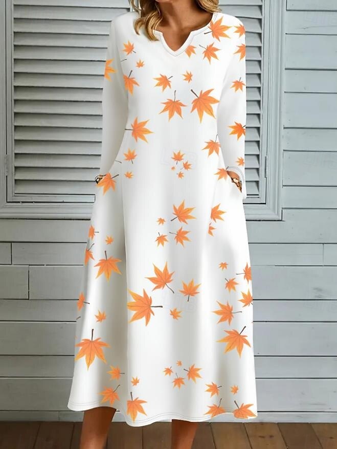 abito lungo da donna con stampa a foglie e scollo a V, manica lunga, primavera autunno del 2025 a $41.99 –P1
