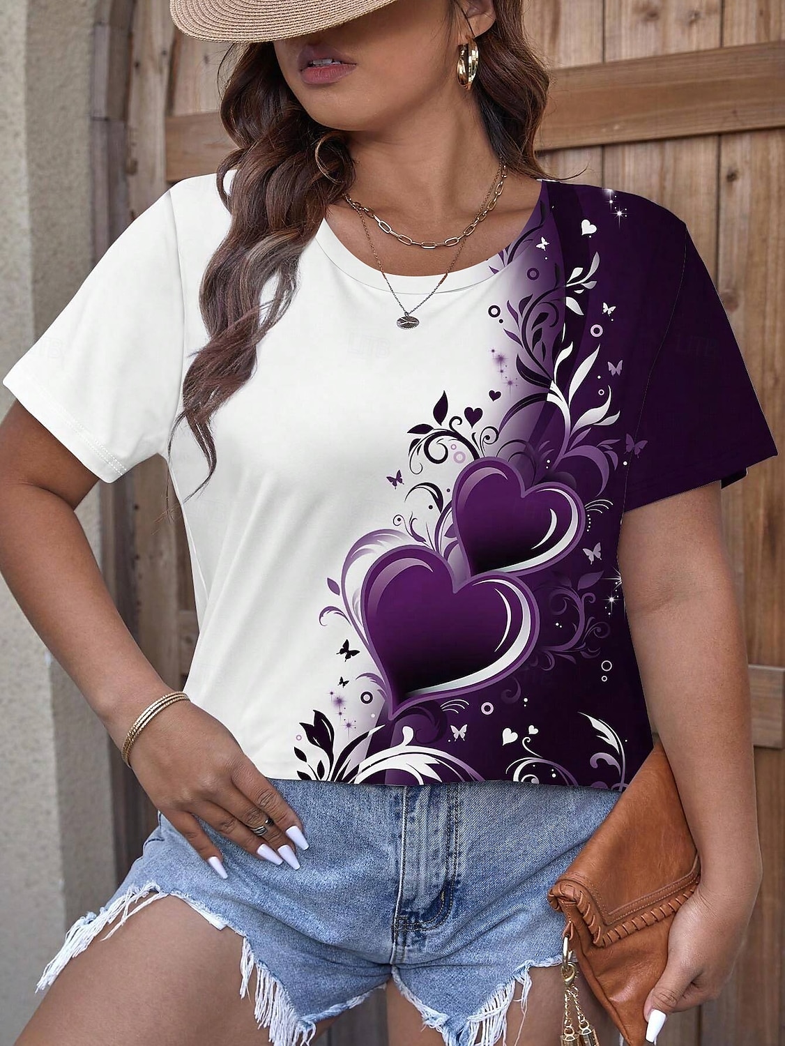 Tricou pentru femei mărime mare topuri tee inimă cu mânecă scurtă guler casual zilnic primăvară toamnă violet 2025 - $19.99 –P1