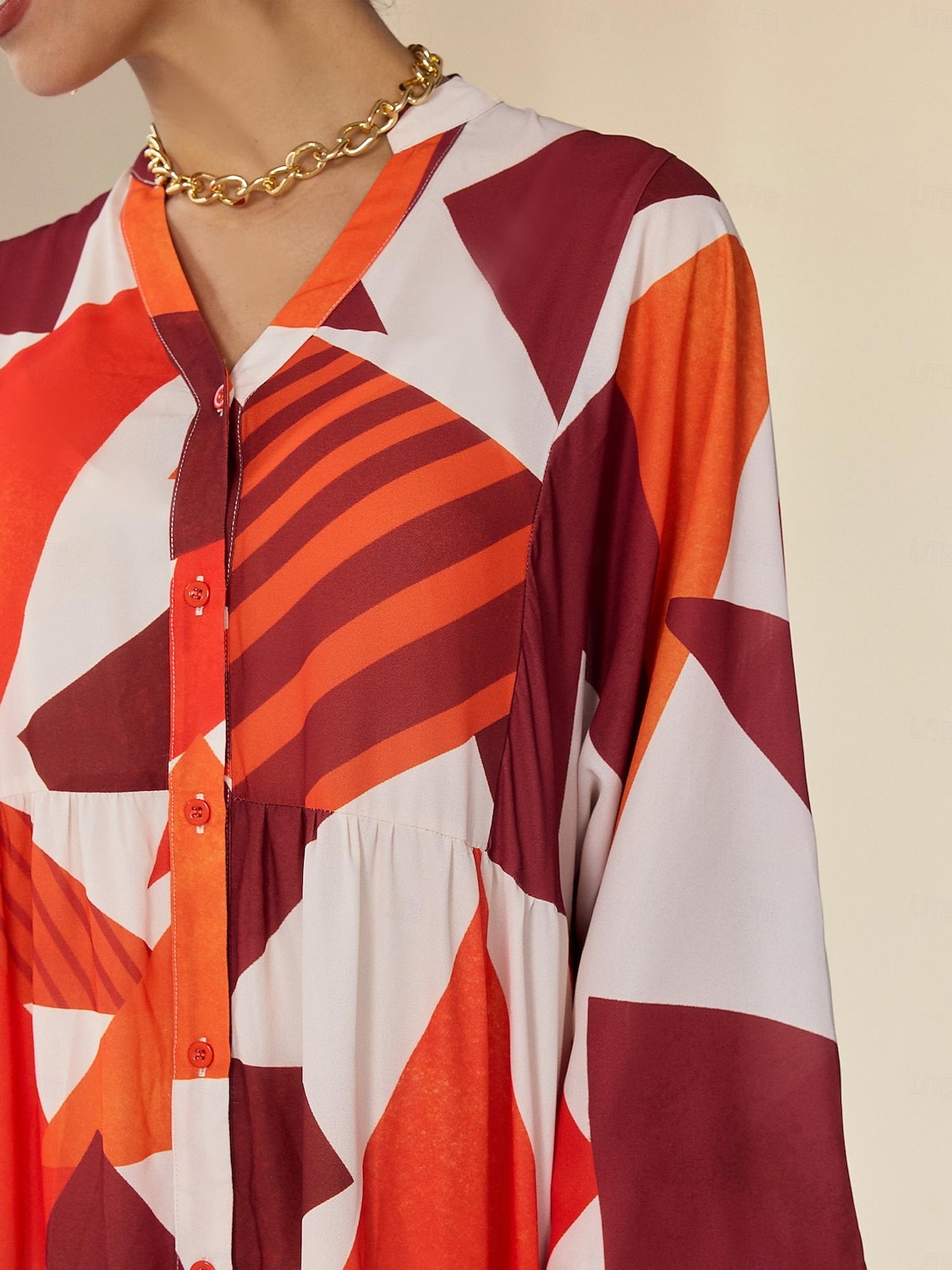 Robe longue décontractée à col en Y en mousseline de soie à motifs géométriques de 2026 ? $102.99 –P5