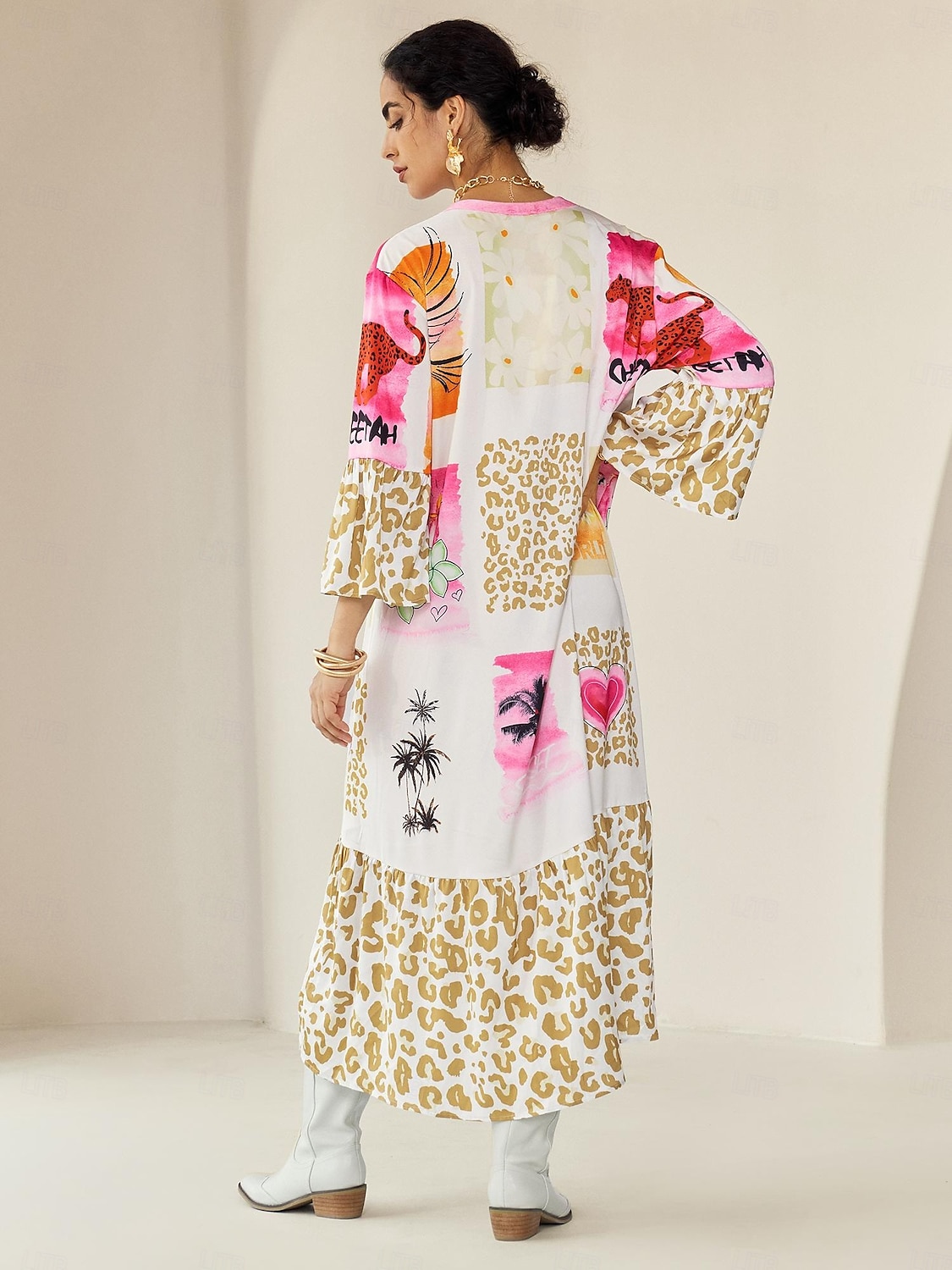 Robe longue décontractée à col ras du cou et à boutons en satin imprimé léopard de 2025 ? $68.99 –P5
