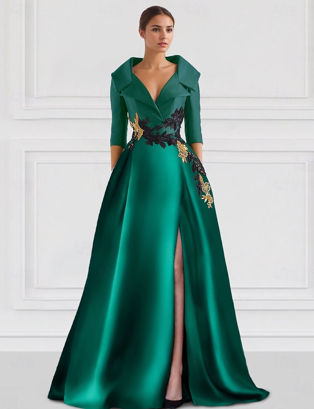 Black Green A-Line Vintage Embroidered Evening Gown Elegant Satin Dress Formal Floral Floor Length 3/4 Length Sleeve Shirt Collar Pocket with Appliques 2024 2024 - GBP £125 –P3