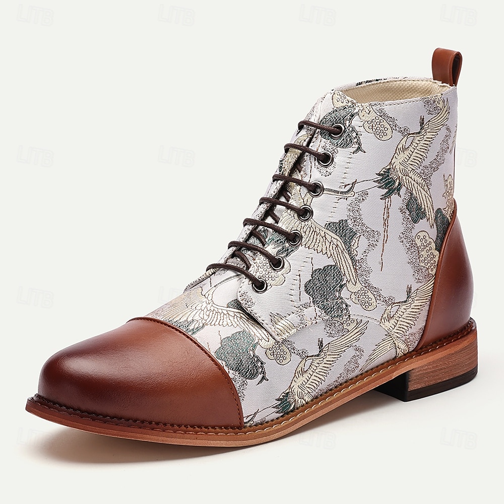 Botas con cordones y estampado de grullas vintage para hombre: botines de piel sintética y tejido jacquard con estilo retro para uso informal 2025 - $54.99 -P1