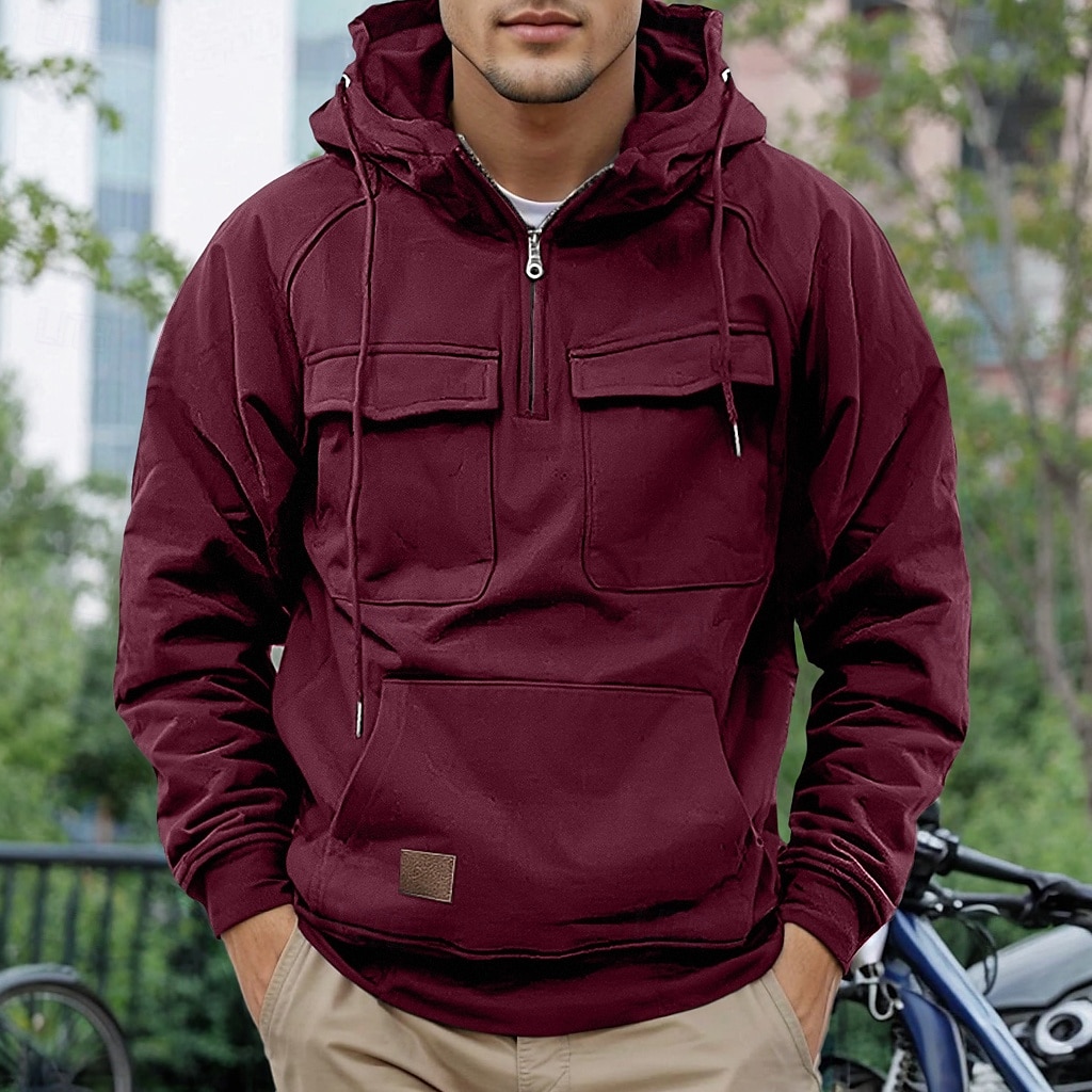 Men's Hoodie Quarter Zip Hoodie Tactical Hoodie Tactical Wine Red Black Wine Army Green Navy Blue Hooded Plain Pocket Tactical Sports & Outdoor Daily Streetwear Cool Casual Spring & Fall 2025 - $32.99 –P10