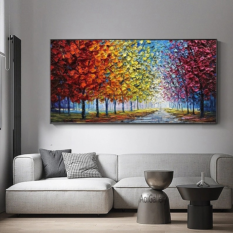 grande peinture à l'huile d'arbre peinte à la main sur toile peinture d'automne de forêt colorée faite à la main pour l'art du salon peinture impasto texturée lourde peinte à la main de 2025 ? $61.99 –P6