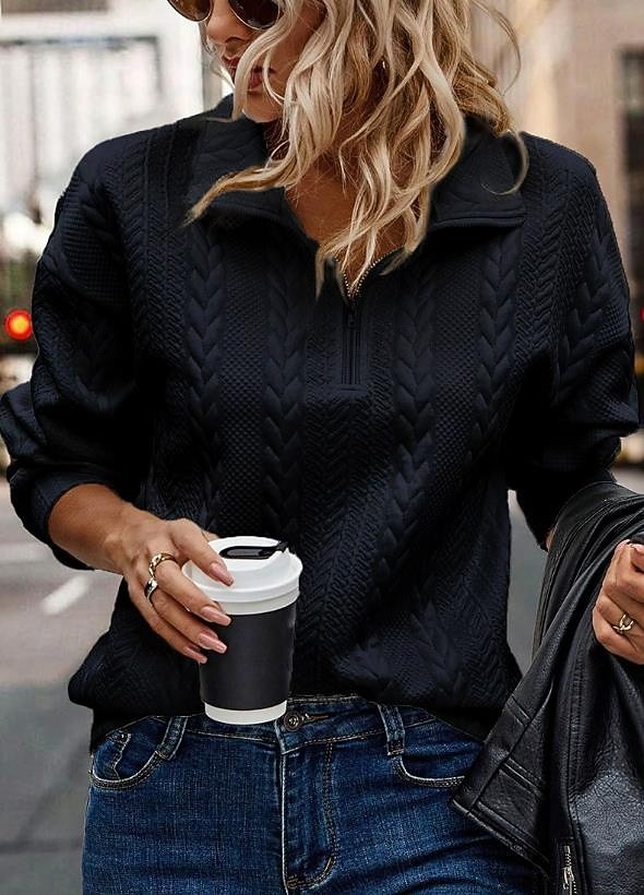 pulover de damă elegant, epocă, modă, simplu, de lucru, îmbrăcăminte de zi cu zi, cu gât înalt, fermoar, cu mânecă lungă, negru gri deschis, toamnă iarnă 2025 - $57.99 –P9