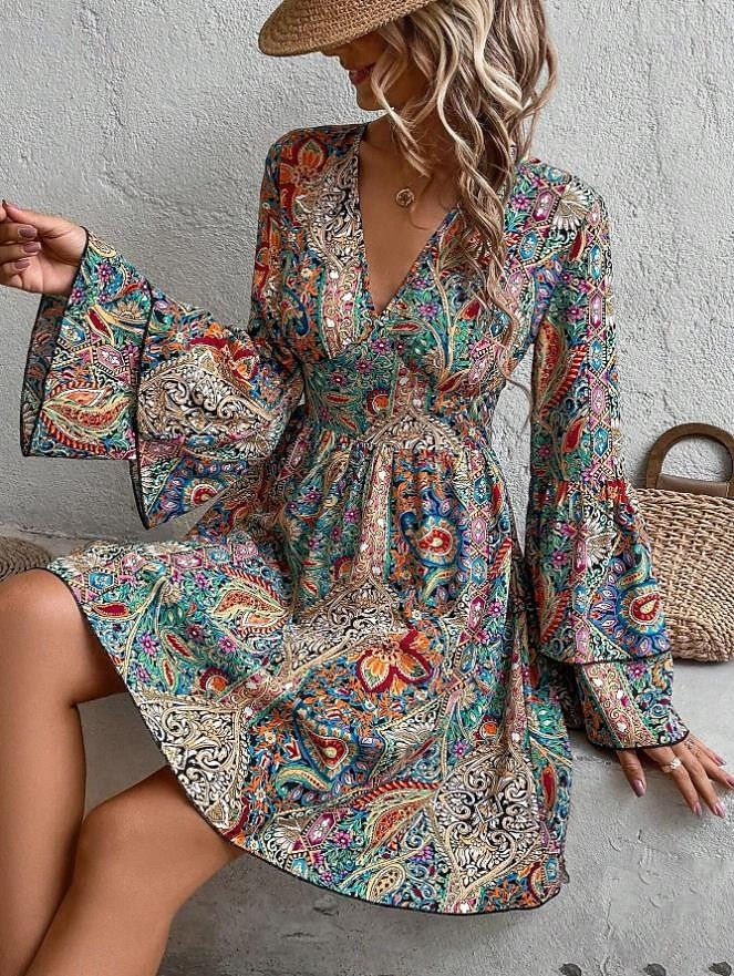 Damen Minikleid Casual kleid Boho-Kleid Elegant Ausgestellter Ärmel Urlaub Täglich Verabredung Lockere Passform Graphic Langarm V Ausschnitt Colourful Frühling Herbst 2025 - $35.99 –P4