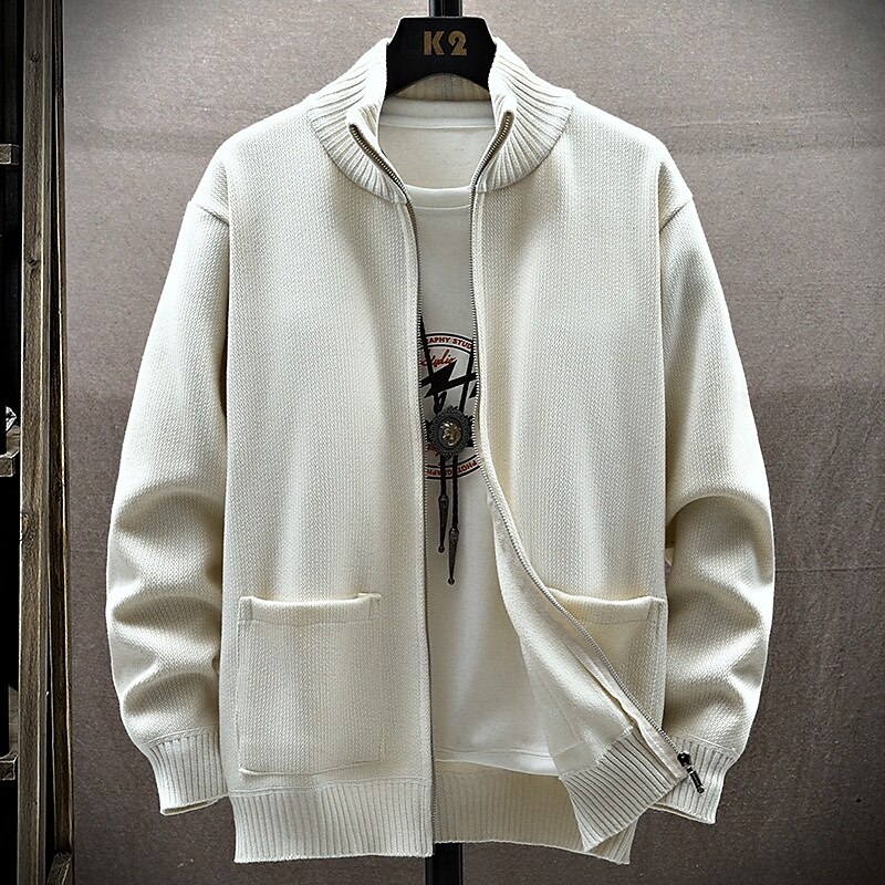 Men's Cropped Sweater Cardigan Sweater Zip Sweater Knit Sweater Ribbed Knit Regular Side Pockets Fleece Solid Color Stand Collar Fashion Classic Daily Wear Date Clothing Apparel Fall & Winter Black 2025 - $35.99 –P2
