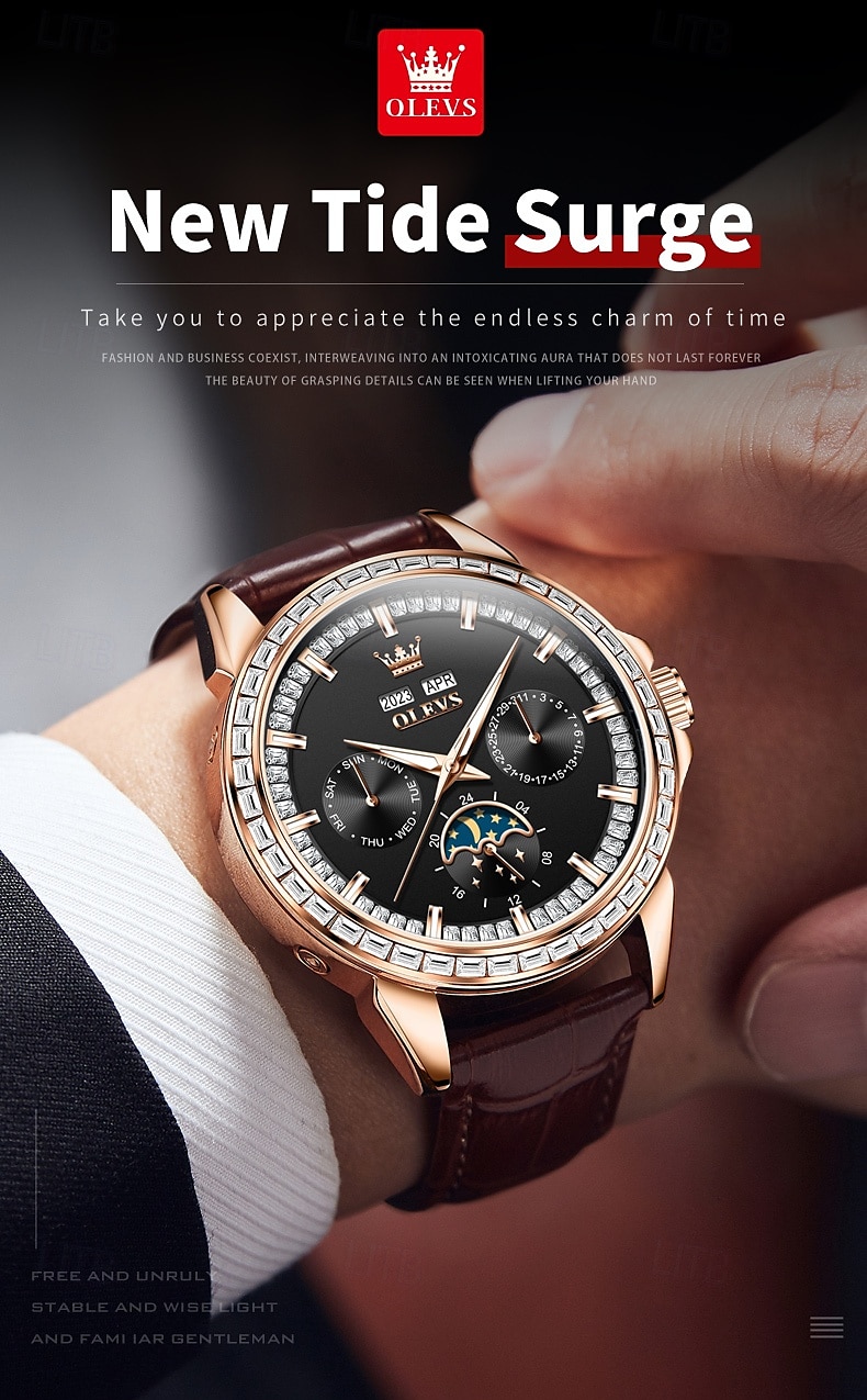 OLEVS Men Mechanical Watch Fashion Business Wristwatch Automatic Self-winding Moon phase Luminous Perpetual Calendar Steel Leather Watch 2025 - $147.99 –P2