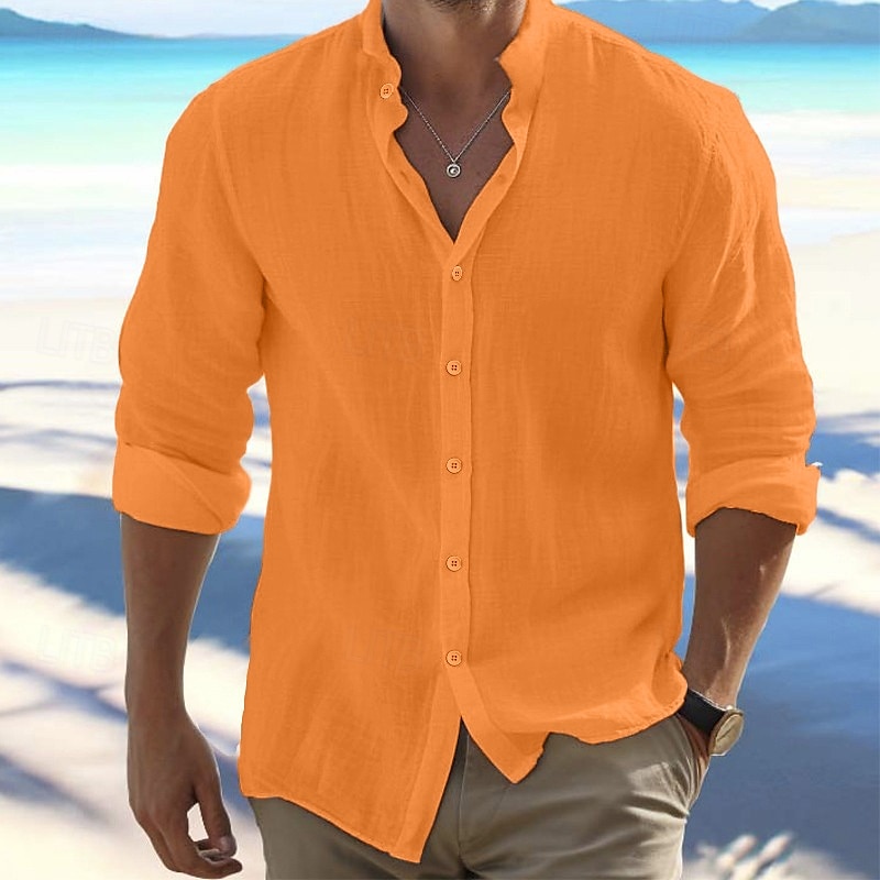 Men's Shirt Summer Shirt Beach Wear Button Up Shirt Black White Pink Red Long Sleeve Plain Band Collar Spring & Summer Casual Daily Clothing Apparel 100% Cotton 2025 - $23.99 –P5